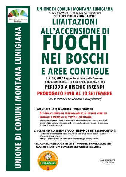 Proroga limitazioni  all’accensione di  nei boschi  e aree contigue